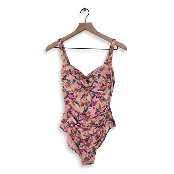 Nip Tuck Swim Joanna Floral Ruched One-Piece Swimsuit Peach Multi Size 10 - Picture 1 of 8